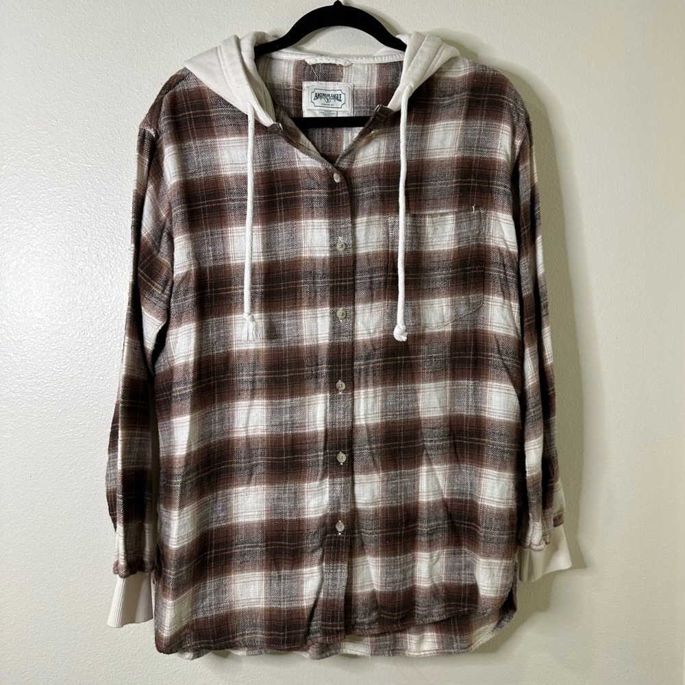 Y2K American Eagle Outfitters Flannel Plaid Button Up Hoodie Shirt Brown White M - Picture 1 of 8